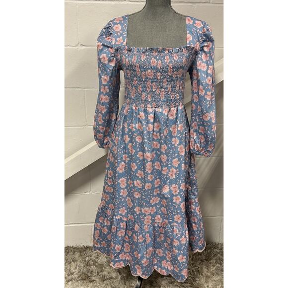 Flowers Dresses & Skirts - Dondolo Blue Pink Floral Smocked Scallop Hem Midi Dress Woman’s Size Large